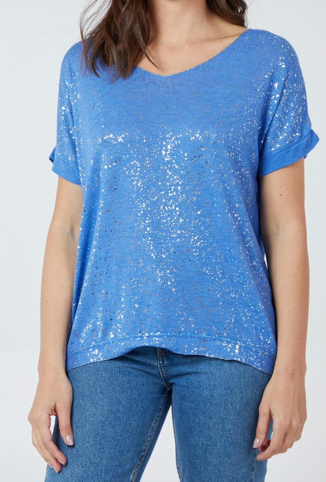 LISA - Sparkle Front Fine Knit V-Neck T-Shirt - One Size - Cornflower Blue