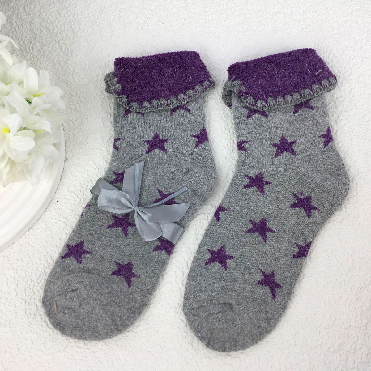 SOCKS - Wool Blend - Purple Stars - Cuff Trim - One Size