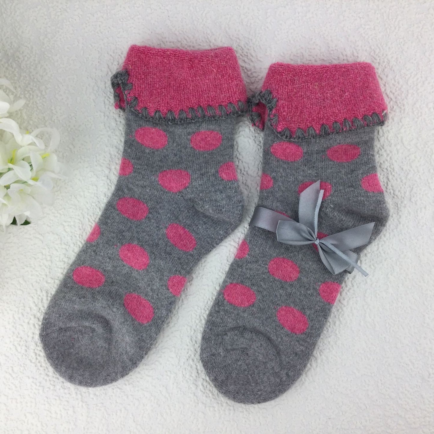 SOCKS - Wool Blend - Spotty - Cuff Trim - One Size - Various Colours