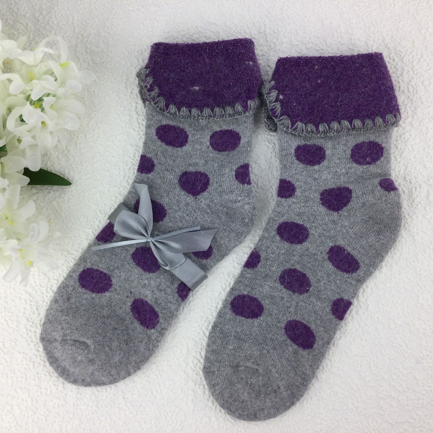 SOCKS - Wool Blend - Spotty - Cuff Trim - One Size - Various Colours