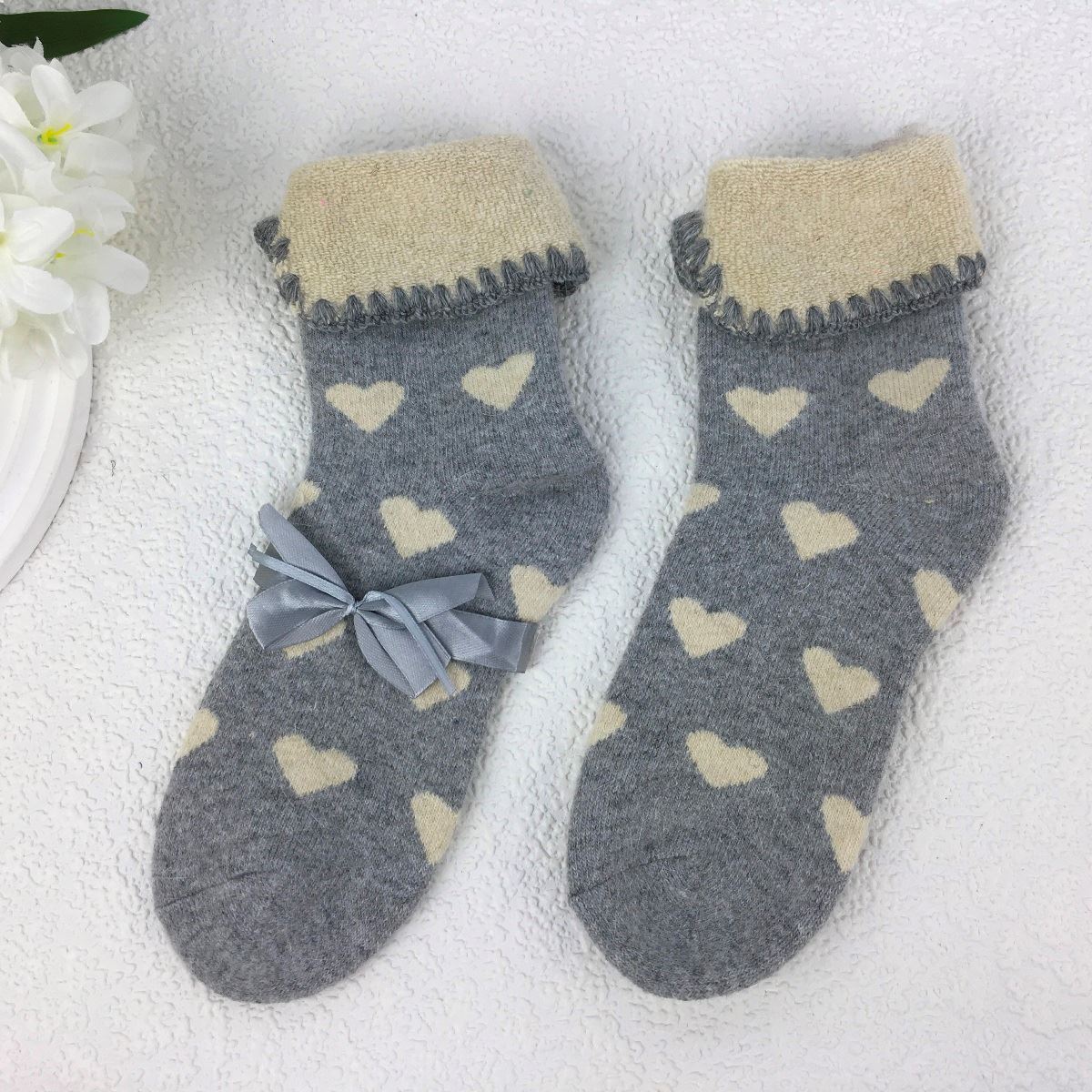 SOCKS - Wool Blend - Heart Pattern - Cuff Trim - One Size - Various Colours