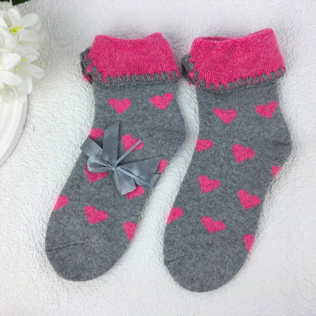 SOCKS - Wool Blend - Heart Pattern - Cuff Trim - One Size - Various Colours