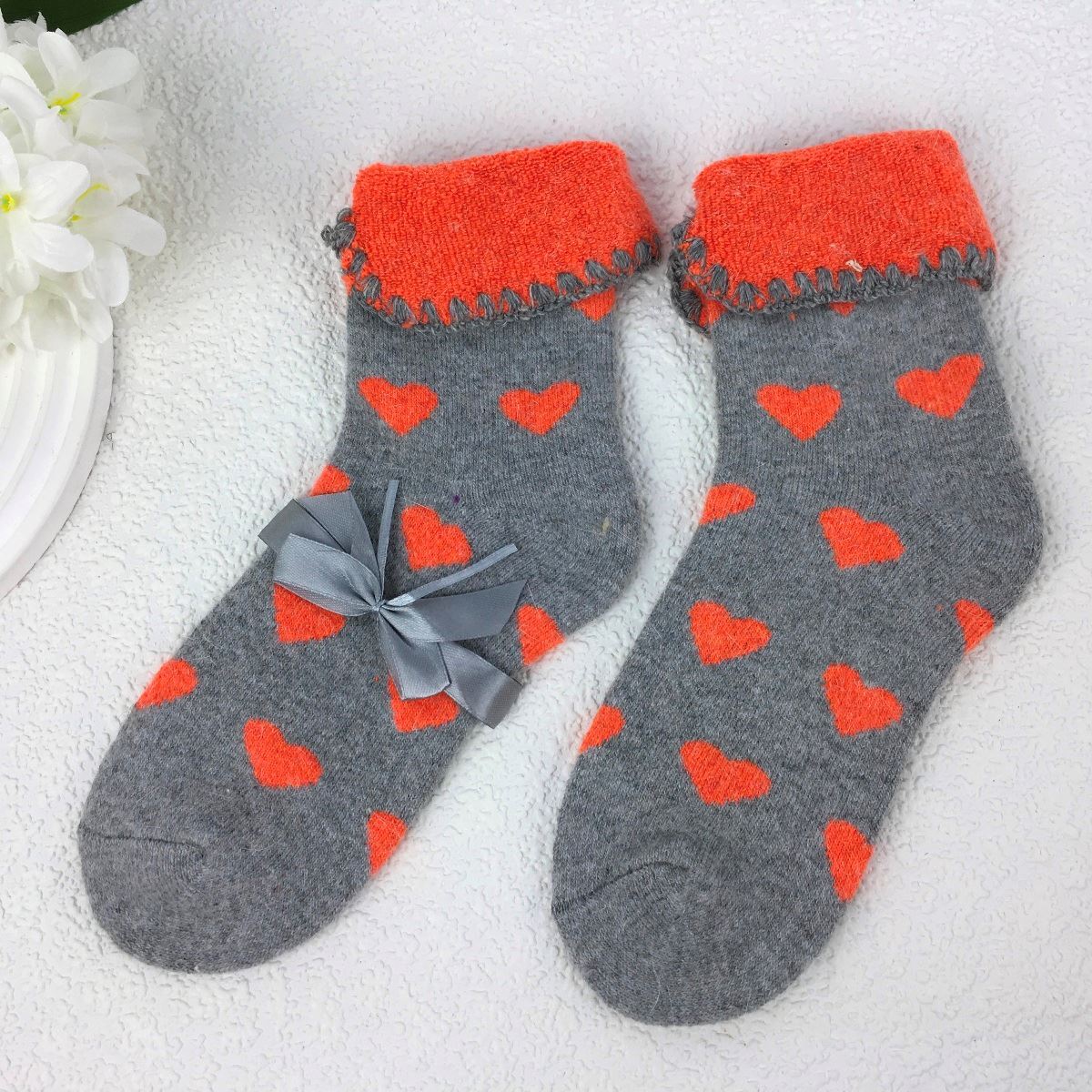 SOCKS - Wool Blend - Heart Pattern - Cuff Trim - One Size - Various Colours