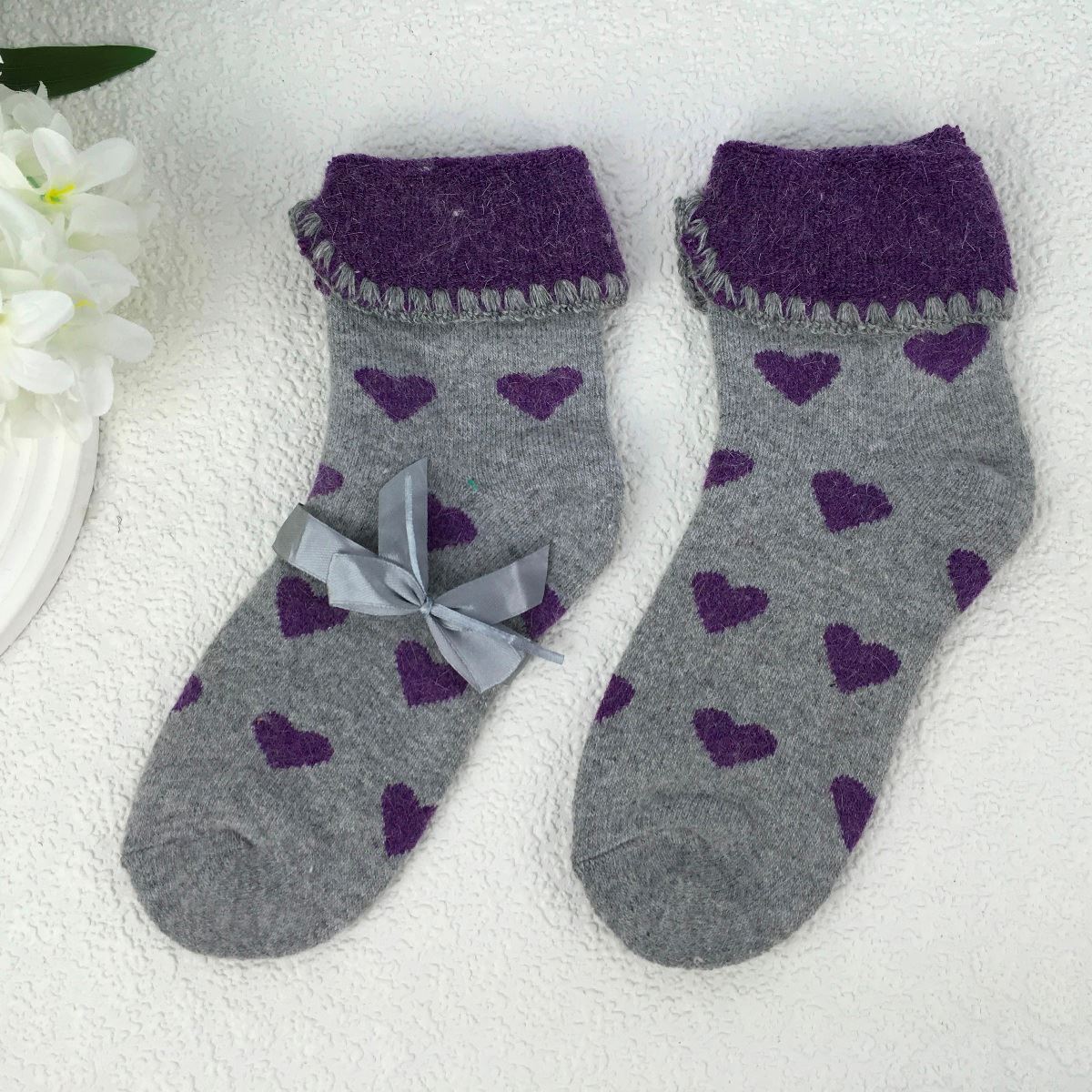 SOCKS - Wool Blend - Heart Pattern - Cuff Trim - One Size - Various Colours