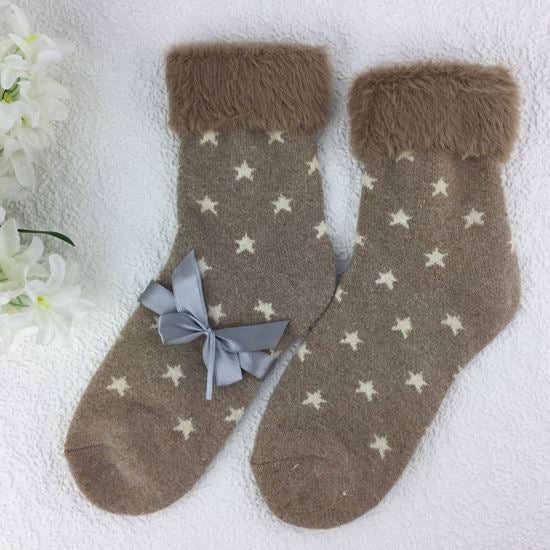 SOCKS - Wool Blend - Star Pattern - Faux Fur Trim - One Size - Various Colours