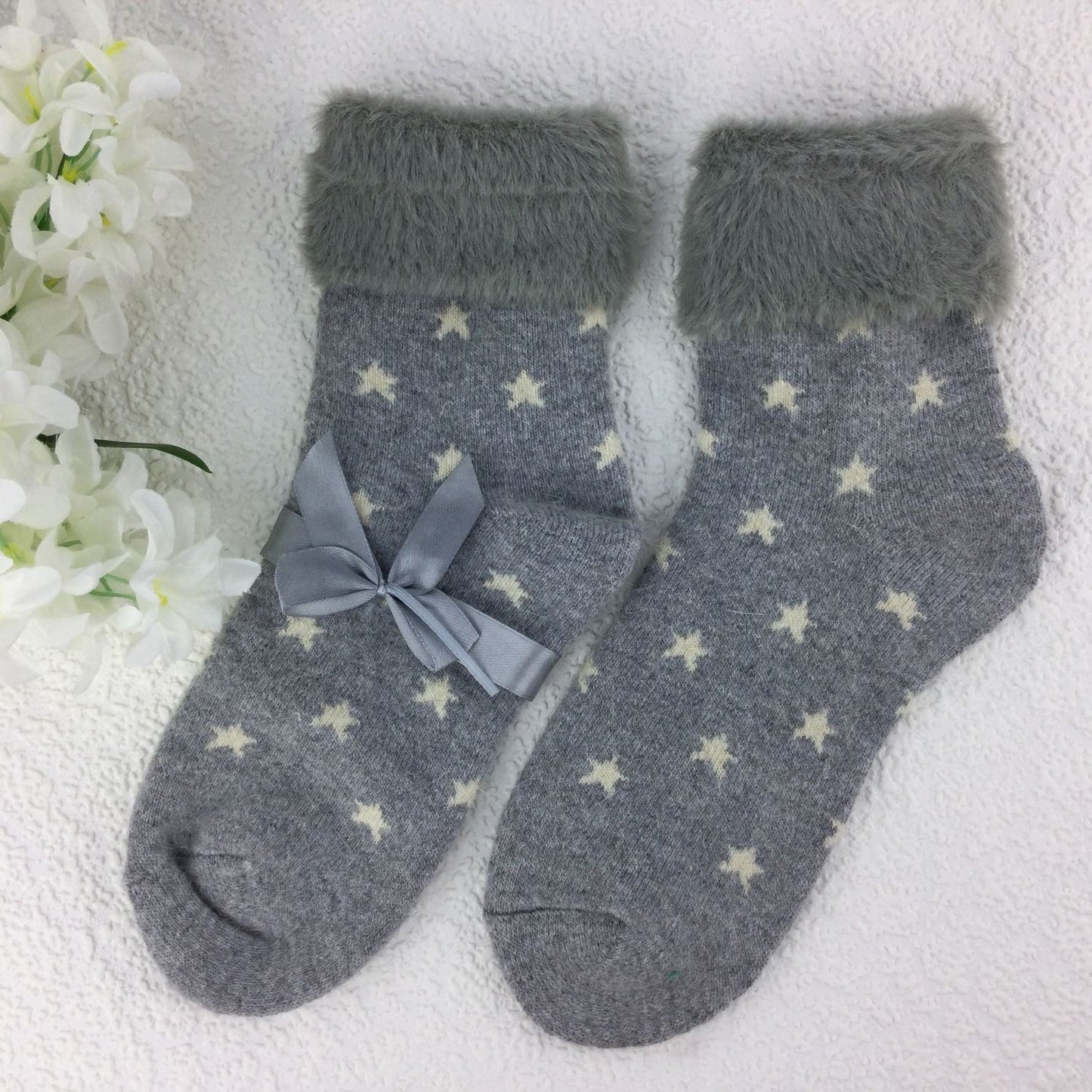 SOCKS - Wool Blend - Star Pattern - Faux Fur Trim - One Size - Various Colours