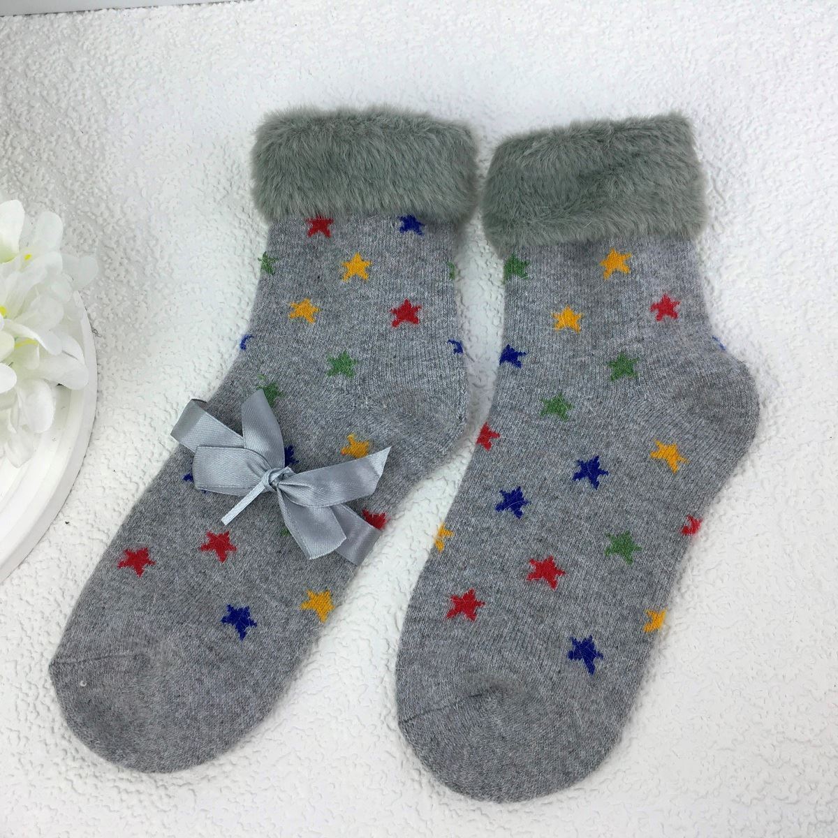 SOCKS - Wool Blend - Star Pattern - Faux Fur Trim - One Size - Various Colours