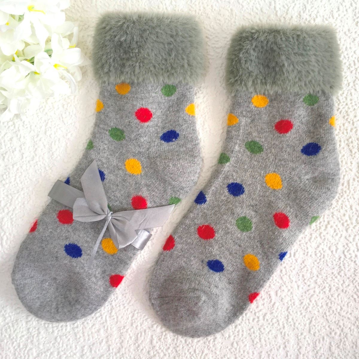 SOCKS - Wool Blend - Dot Pattern - Faux Fur Trim - One Size - Various Colours