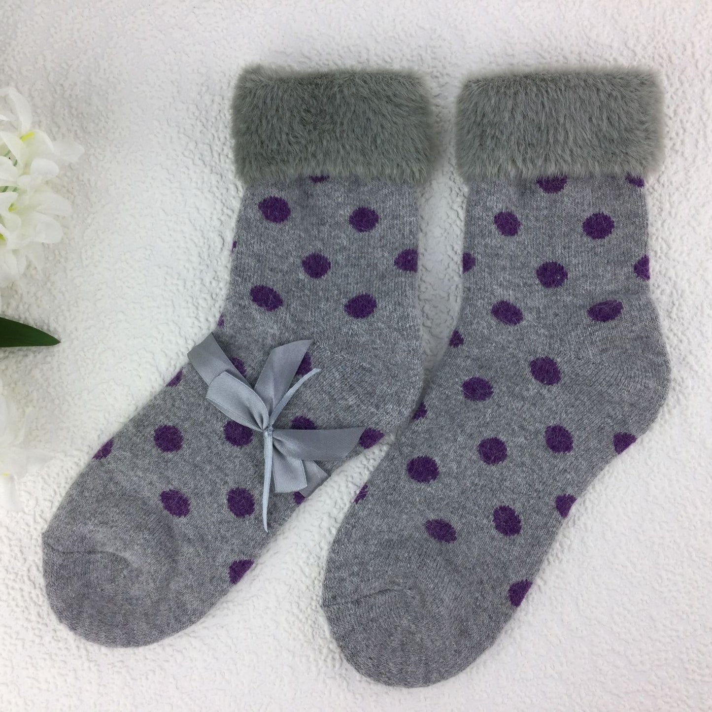 SOCKS - Wool Blend - Dot Pattern - Faux Fur Trim - One Size - Various Colours