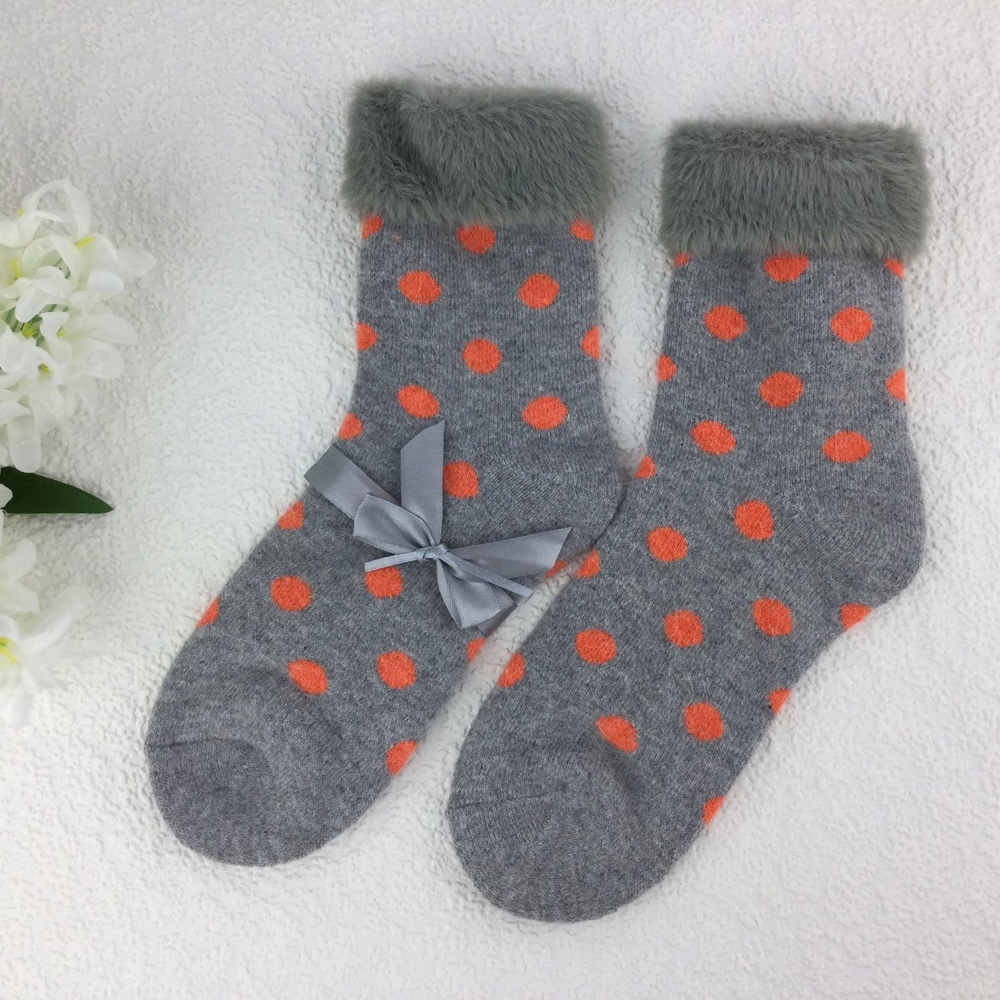 SOCKS - Wool Blend - Dot Pattern - Faux Fur Trim - One Size - Various Colours