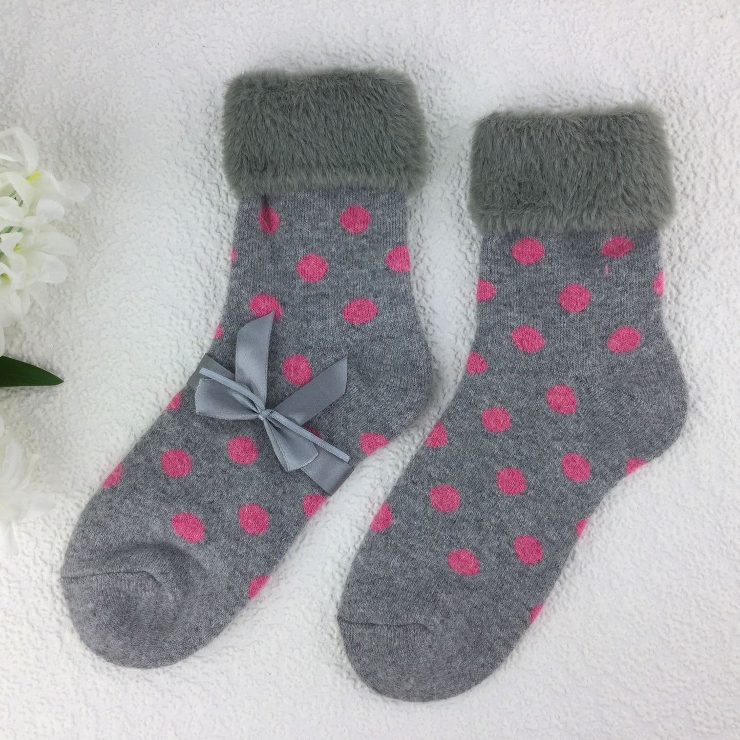 SOCKS - Wool Blend - Dot Pattern - Faux Fur Trim - One Size - Various Colours