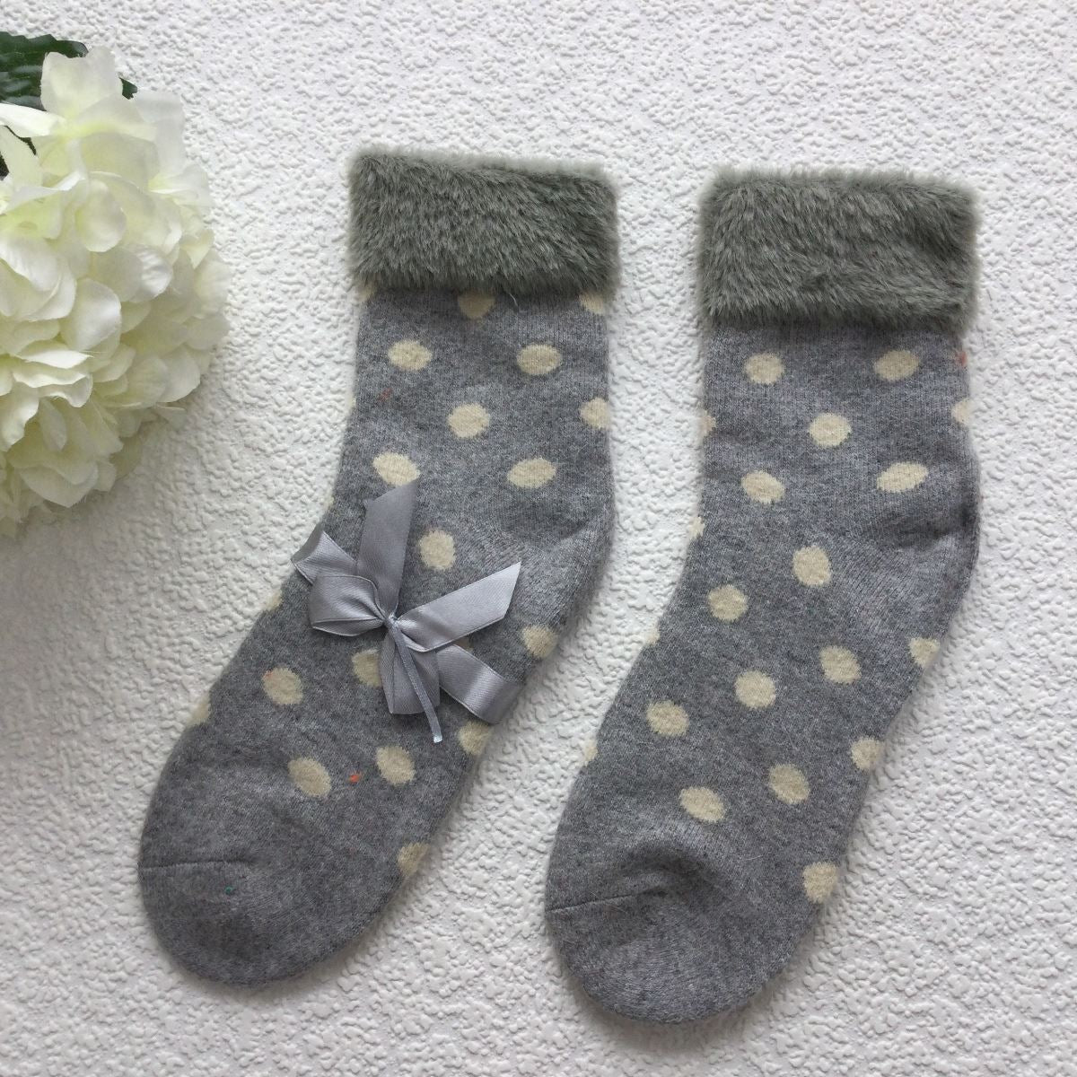 SOCKS - Wool Blend - Dot Pattern - Faux Fur Trim - One Size - Various Colours