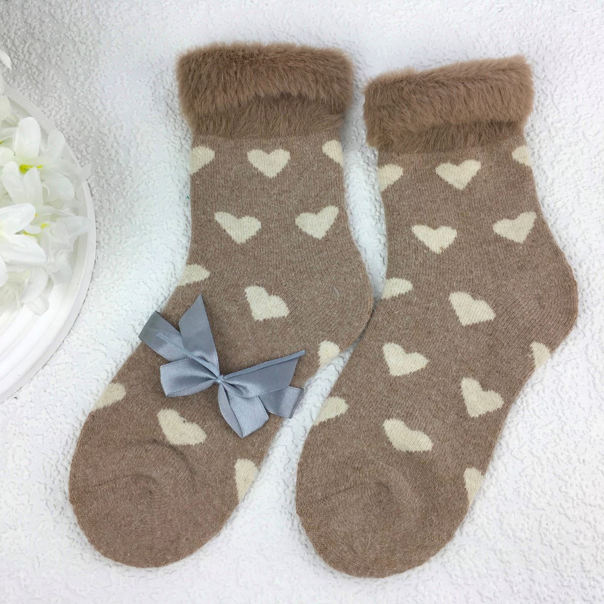 SOCKS - Wool Blend - Heart Pattern - Faux Fur Trim - One Size - Various Colours