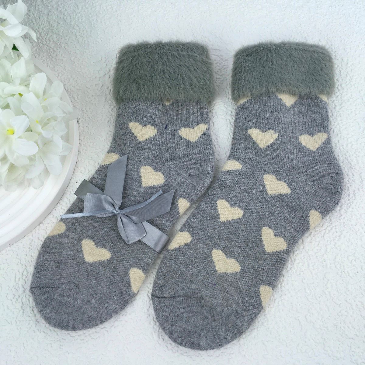 SOCKS - Wool Blend - Heart Pattern - Faux Fur Trim - One Size - Various Colours