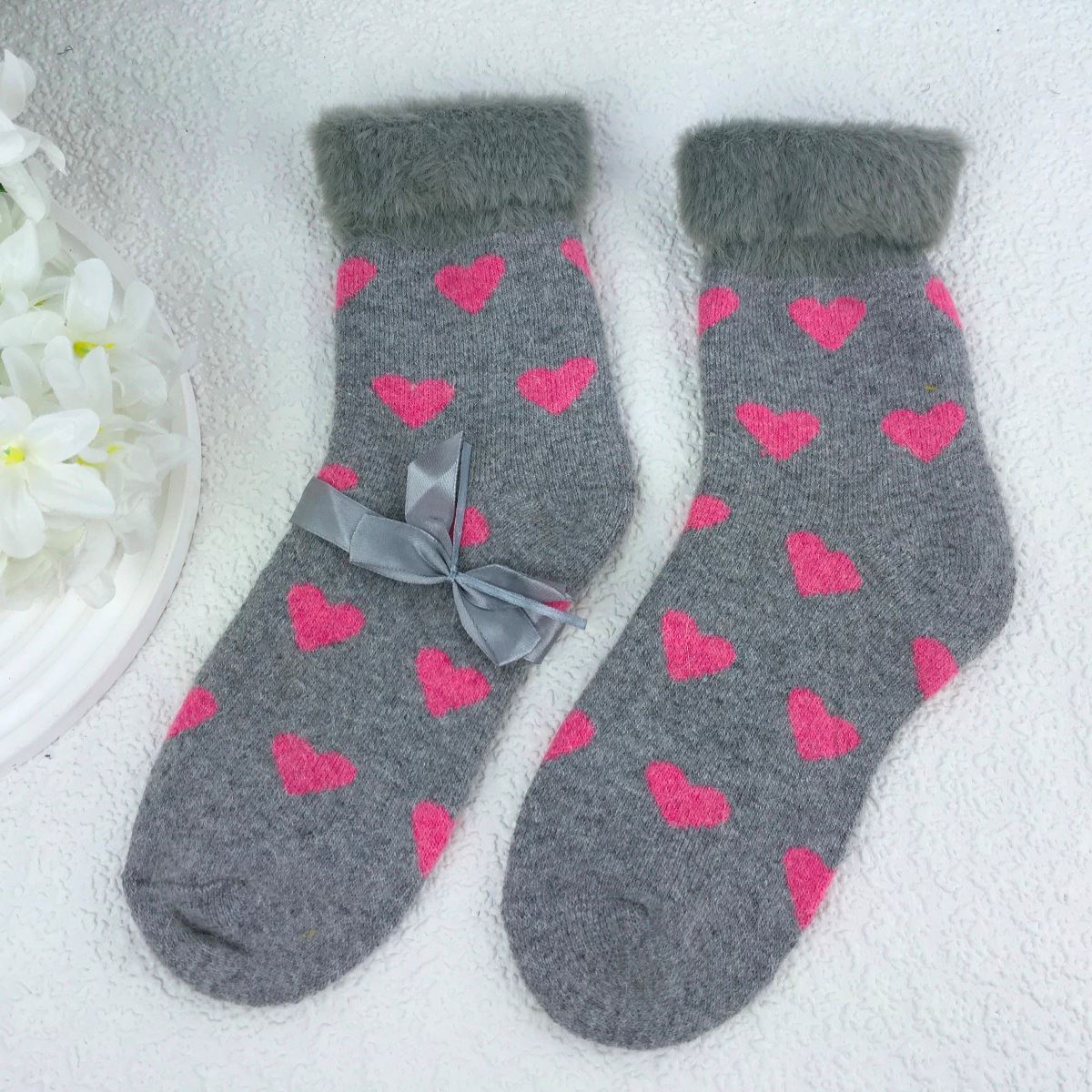 SOCKS - Wool Blend - Heart Pattern - Faux Fur Trim - One Size - Various Colours