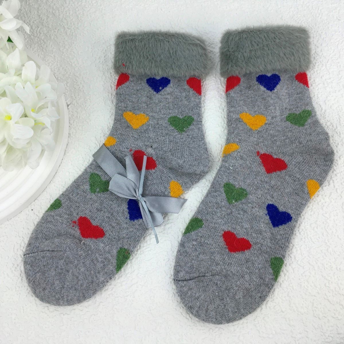 SOCKS - Wool Blend - Heart Pattern - Faux Fur Trim - One Size - Various Colours