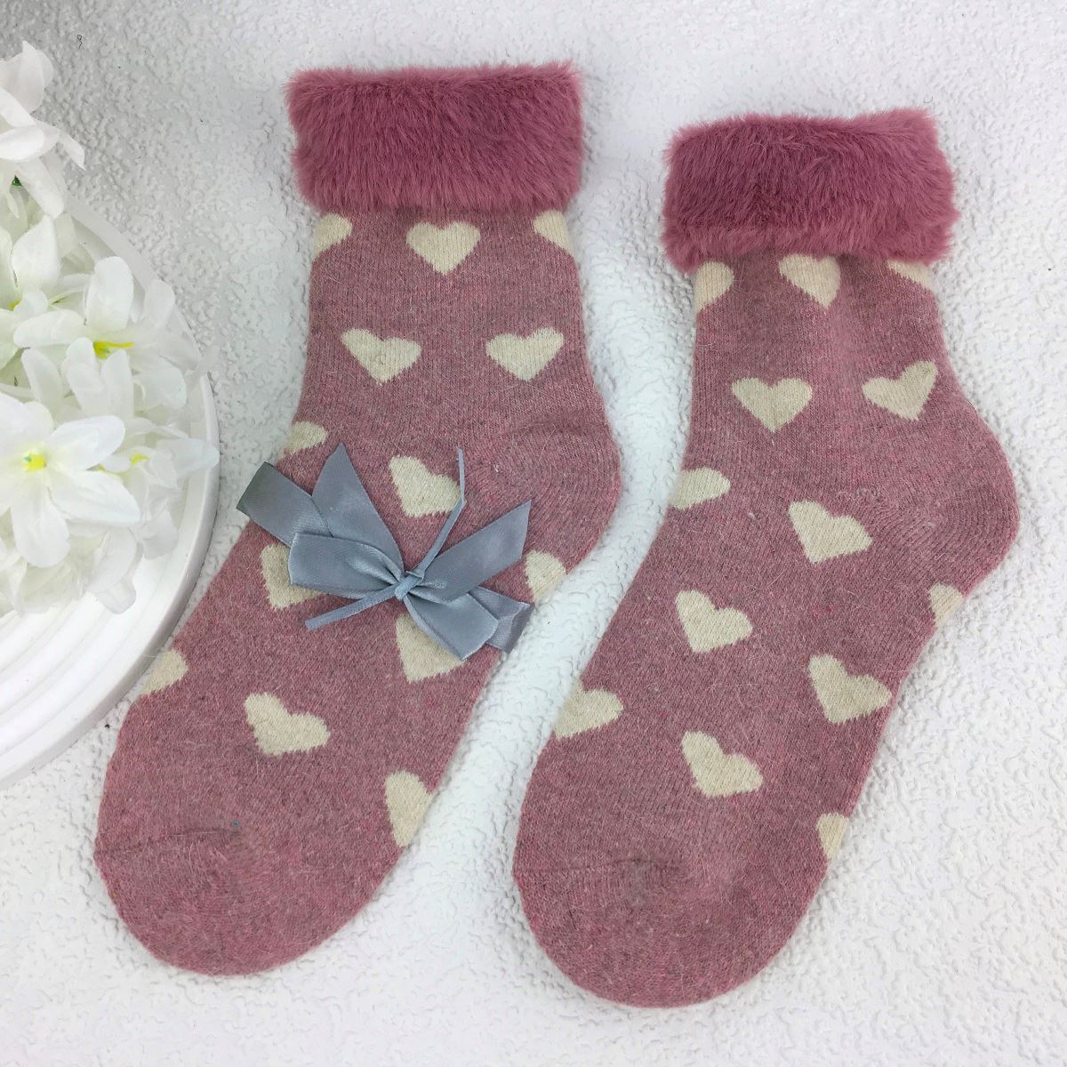 SOCKS - Wool Blend - Heart Pattern - Faux Fur Trim - One Size - Various Colours